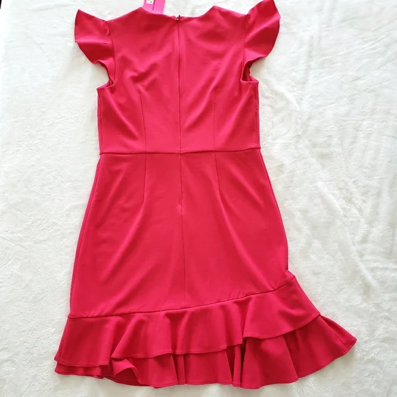 BETSEY JOHNSON Short Sleeve Fitted Ruffle Hem Fuchsia Dress--NWT--10 - Picture 7 of 12